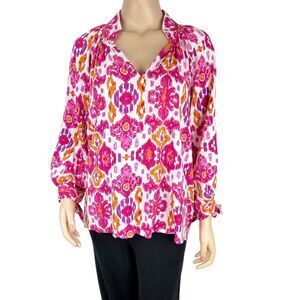 Christian Siriano V Neck High Low Tunic Top Pink Orange Long Tie Sleeves